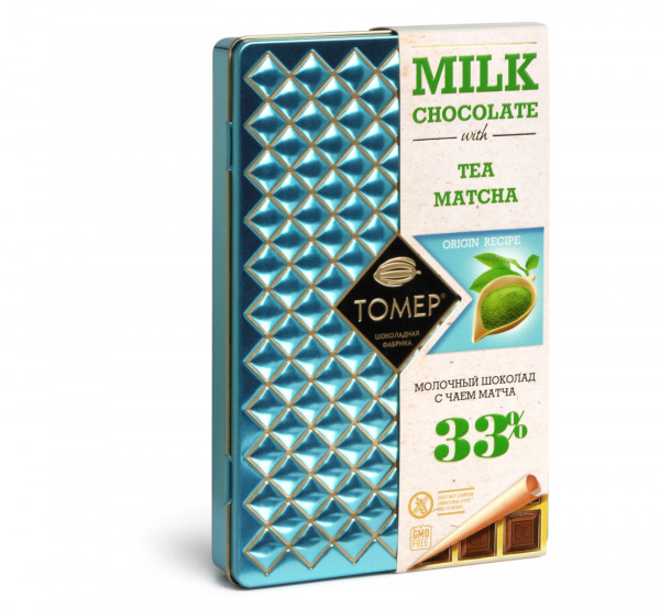 №1 Фабрика Томер металлический бокс Молочный шоколад с чаем МАТЧА ,33%  90г в Серове