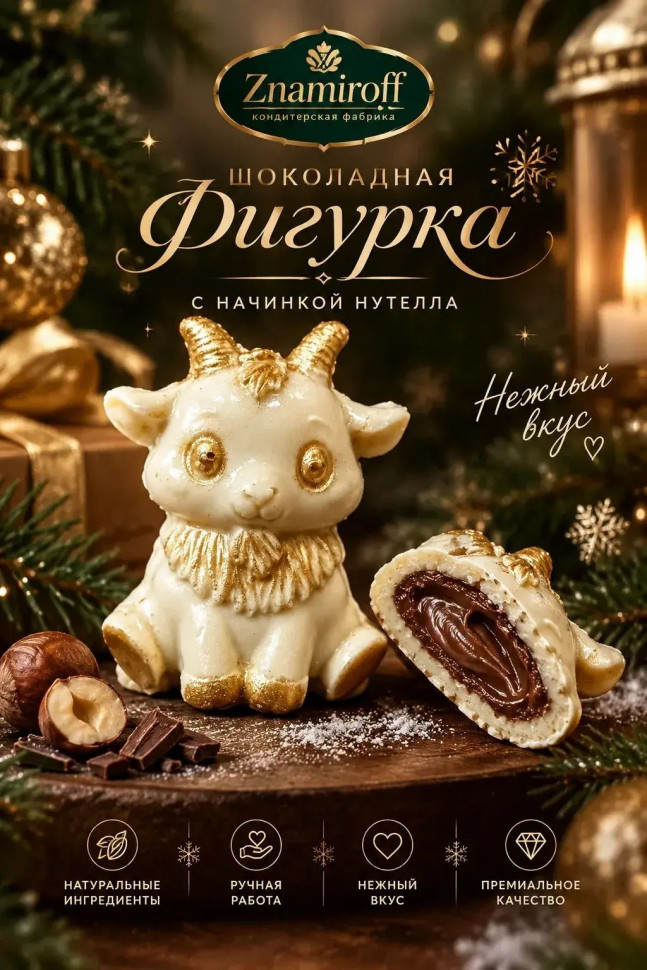  Шоколад фигурный "Мультяшный козлик" белый шоколад с начинкой нутелла(блок 5шт по 70г) в Серове